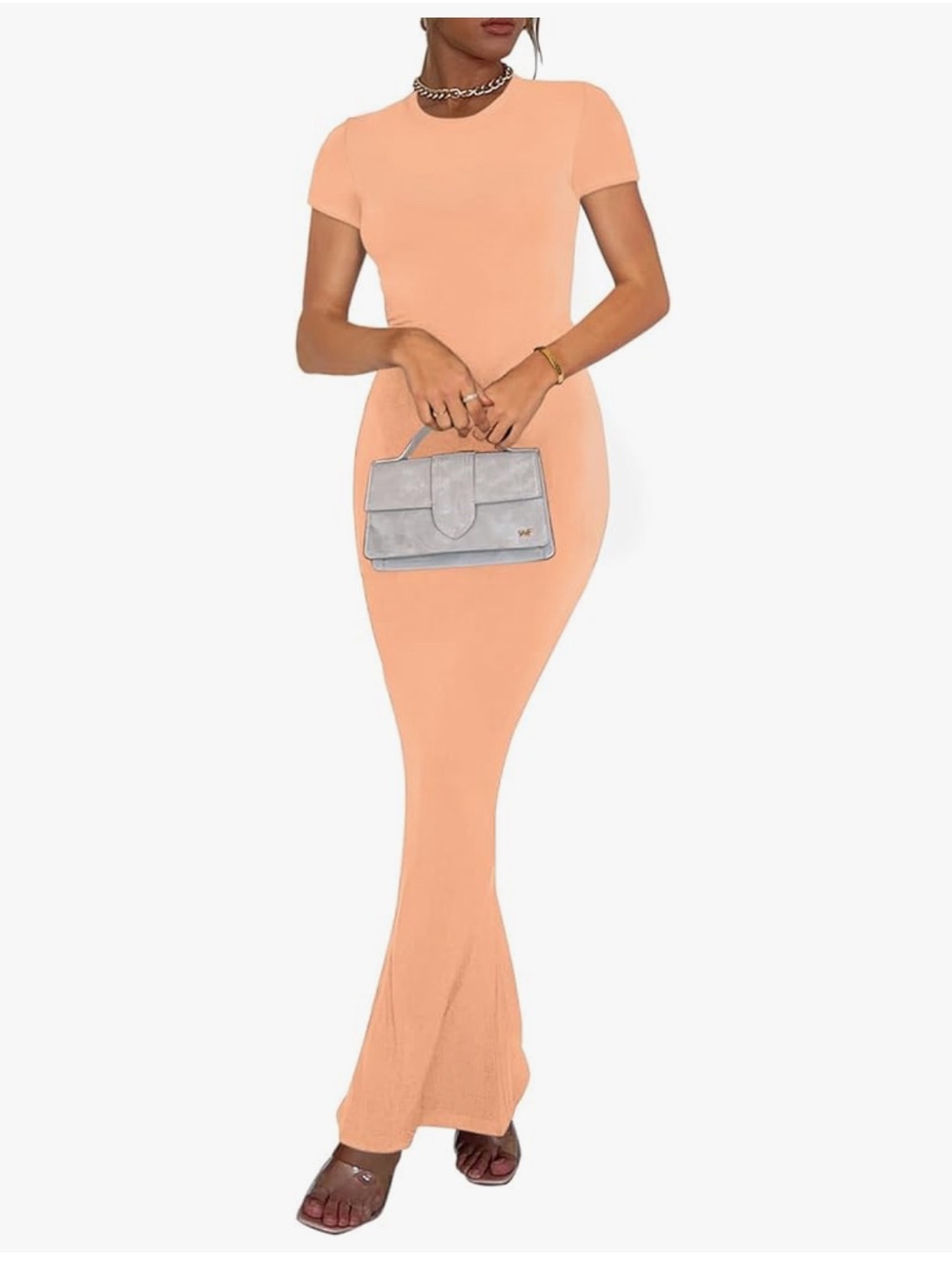 REORIA Orange Ribbed Summer Casual Maxi Dress Short Sleeve Crew Neck Bodycon M